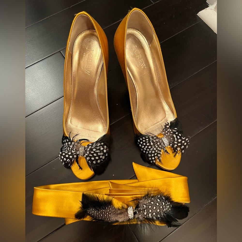 J Crew Collection satin and feather peep toe heels with matching belt